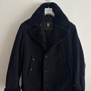 $1600 Belstaff Black Wool Trail Jacket / Pea Coat Shearling Collar  - 38/ Medium